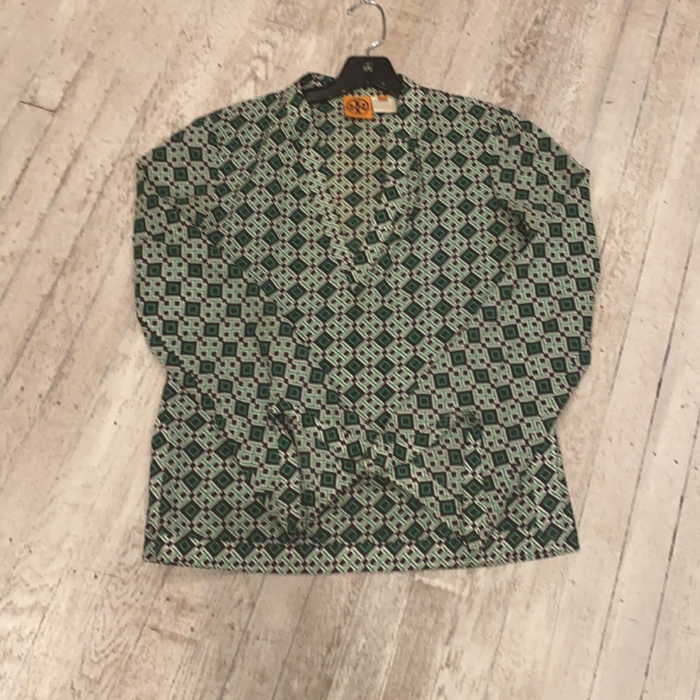 Tory Burch crop tunic logo print blouse side slit size 6 GC - Picture 11 of 16